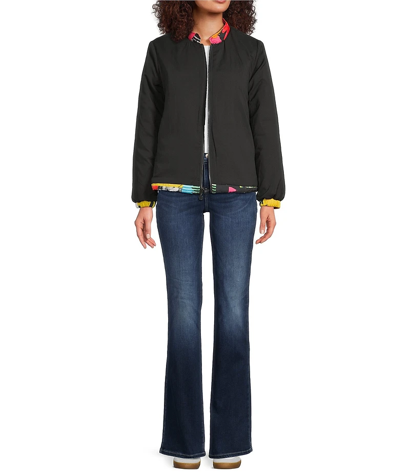 Ali Miles Reversible Abstract Print Quilted Stand Collar Long Sleeve High-Low Zip Front Jacket