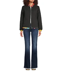 Ali Miles Reversible Abstract Print Quilted Stand Collar Long Sleeve High-Low Zip Front Jacket