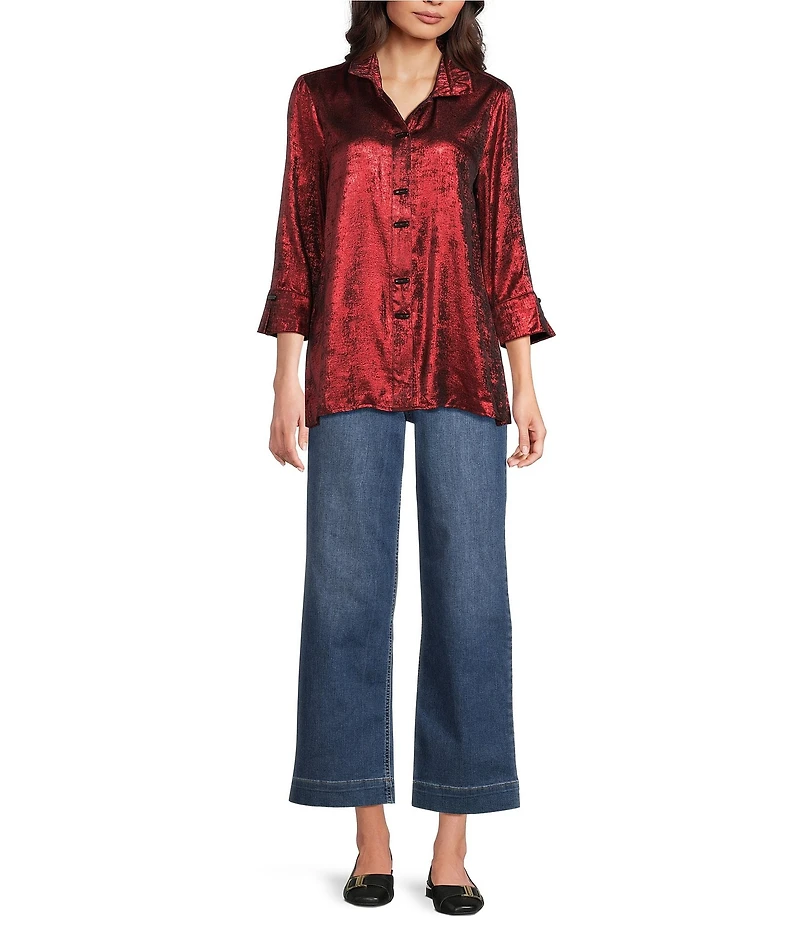 Ali Miles Shimmer Wire Collar 3/4 Sleeve Button Front Tunic