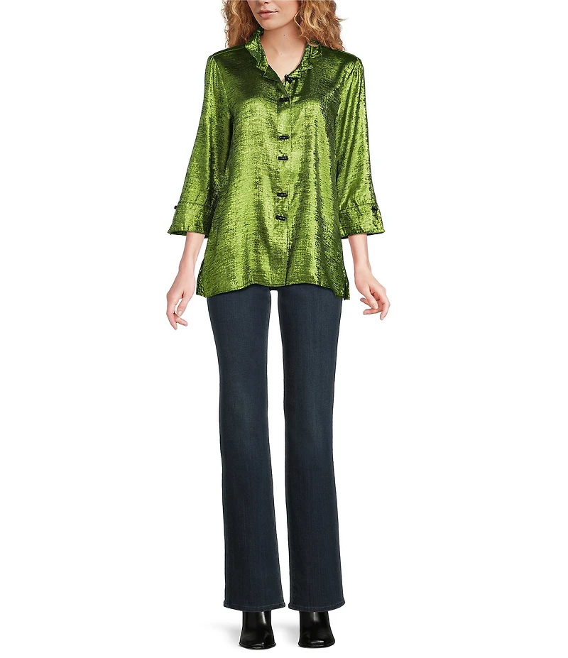 Ali Miles Shimmer Wire Collar 3/4 Sleeve Button Front Tunic