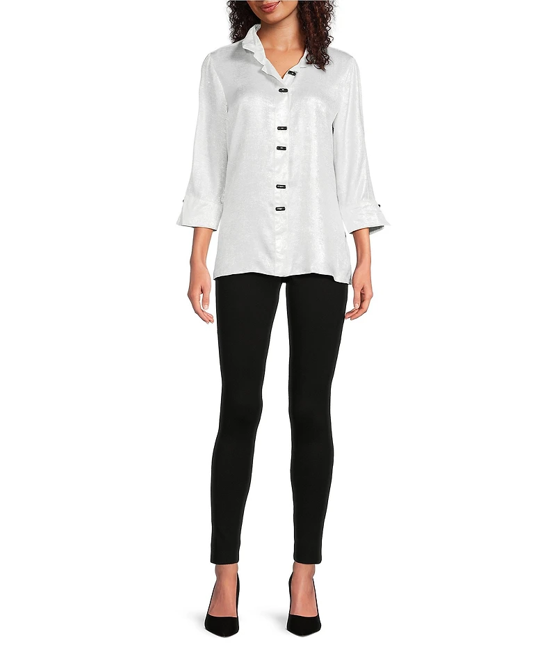 Ali Miles Shimmer Wire Collar 3/4 Sleeve Button Front Tunic