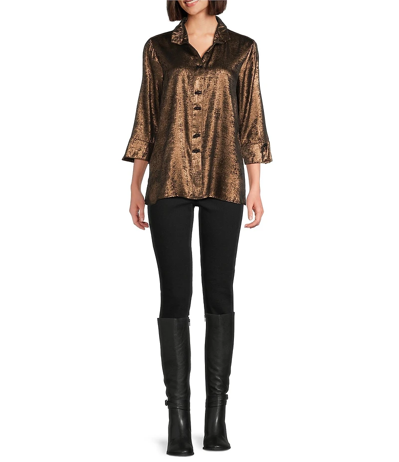 Ali Miles Shimmer Wire Collar 3/4 Sleeve Button Front Tunic