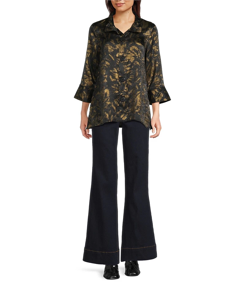 Ali Miles Shimmer Woven Allover Multi Print Wire Collar 3/4 Bell Sleeve Button Front Tunic