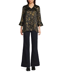 Ali Miles Shimmer Woven Allover Multi Print Wire Collar 3/4 Bell Sleeve Button Front Tunic