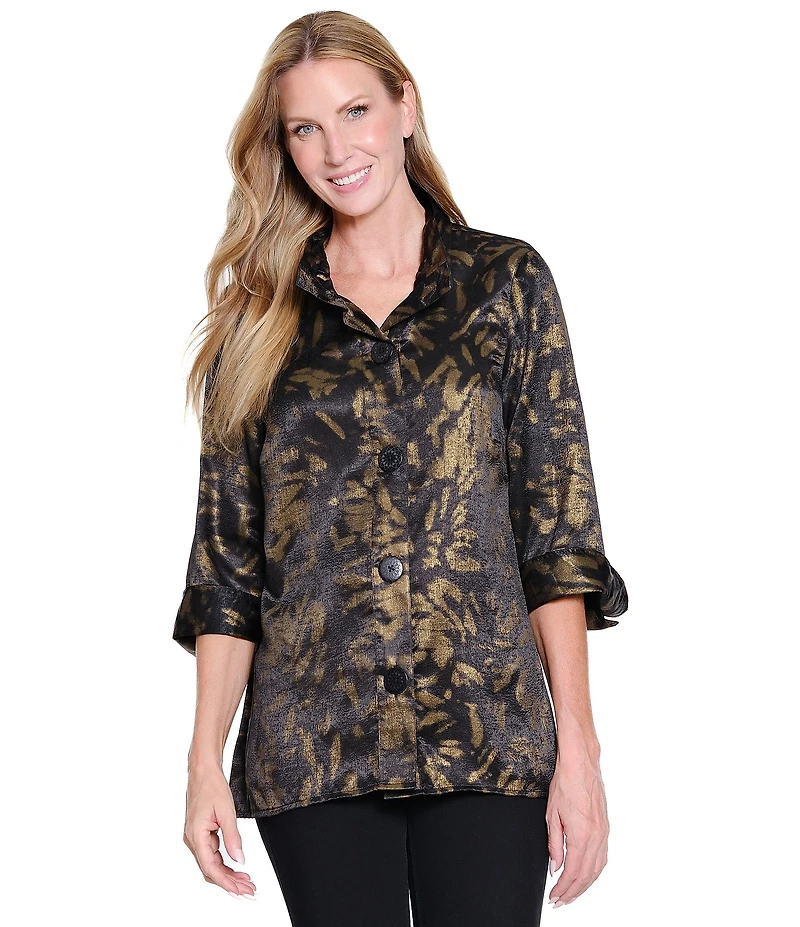 Ali Miles Shimmer Woven Allover Multi Print Wire Collar 3/4 Bell Sleeve Button Front Tunic
