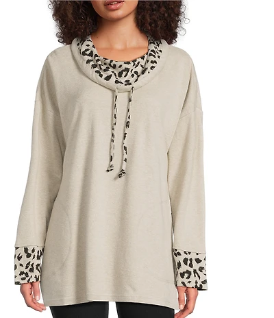 Ali Miles Solid Plaid Multi Print Cowl Neck 3/4 Sleeve Tunic