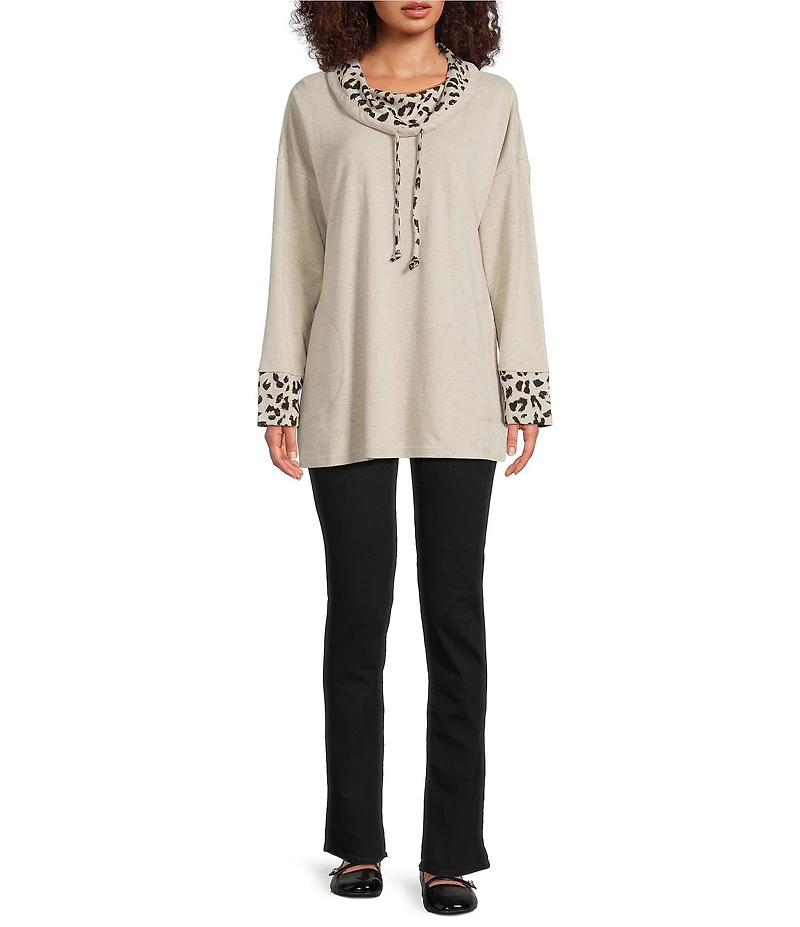 Ali Miles Solid Plaid Multi Print Cowl Neck 3/4 Sleeve Tunic