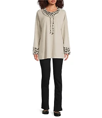 Ali Miles Solid Plaid Multi Print Cowl Neck 3/4 Sleeve Tunic