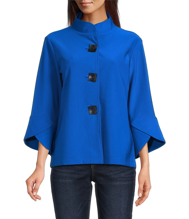 Ali Miles Stand Collar 3/4 Sleeve Hi-Low Hem Button-Front Jacket