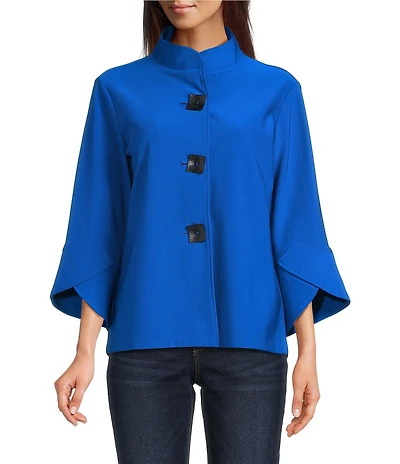 Ali Miles Stand Collar 3/4 Sleeve Hi-Low Hem Button-Front Jacket