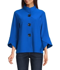 Ali Miles Stand Collar 3/4 Sleeve Hi-Low Hem Button-Front Jacket