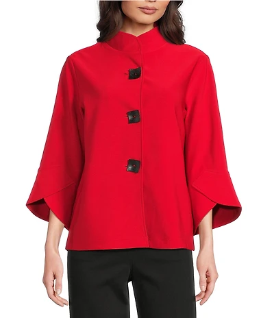Ali Miles Stand Collar 3/4 Sleeve Hi-Low Hem Button-Front Jacket