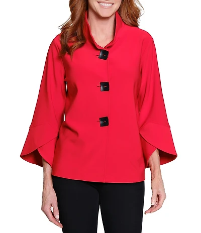 Ali Miles Stand Collar 3/4 Sleeve Hi-Low Hem Button-Front Jacket