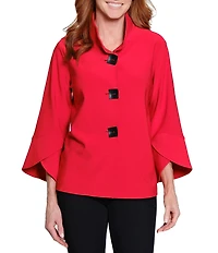 Ali Miles Stand Collar 3/4 Sleeve Hi-Low Hem Button-Front Jacket