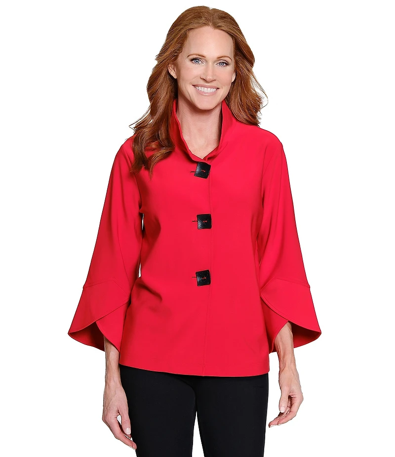 Ali Miles Stand Collar 3/4 Sleeve Hi-Low Hem Button-Front Jacket