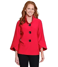 Ali Miles Stand Collar 3/4 Sleeve Hi-Low Hem Button-Front Jacket