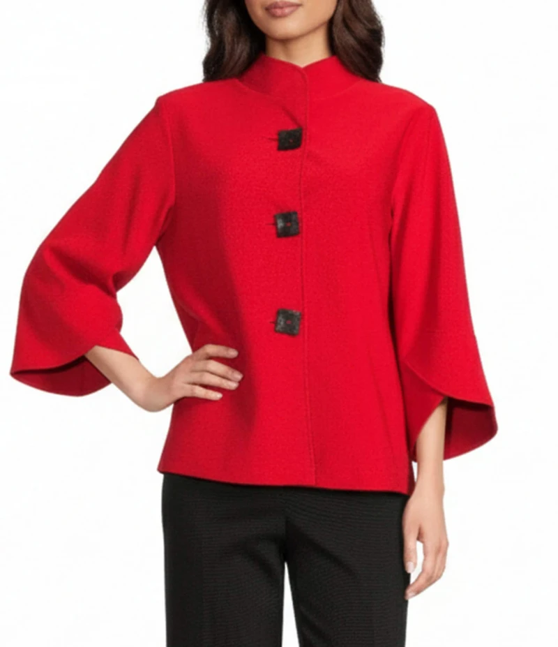 Ali Miles Stand Collar 3/4 Sleeve Hi-Low Hem Button-Front Jacket