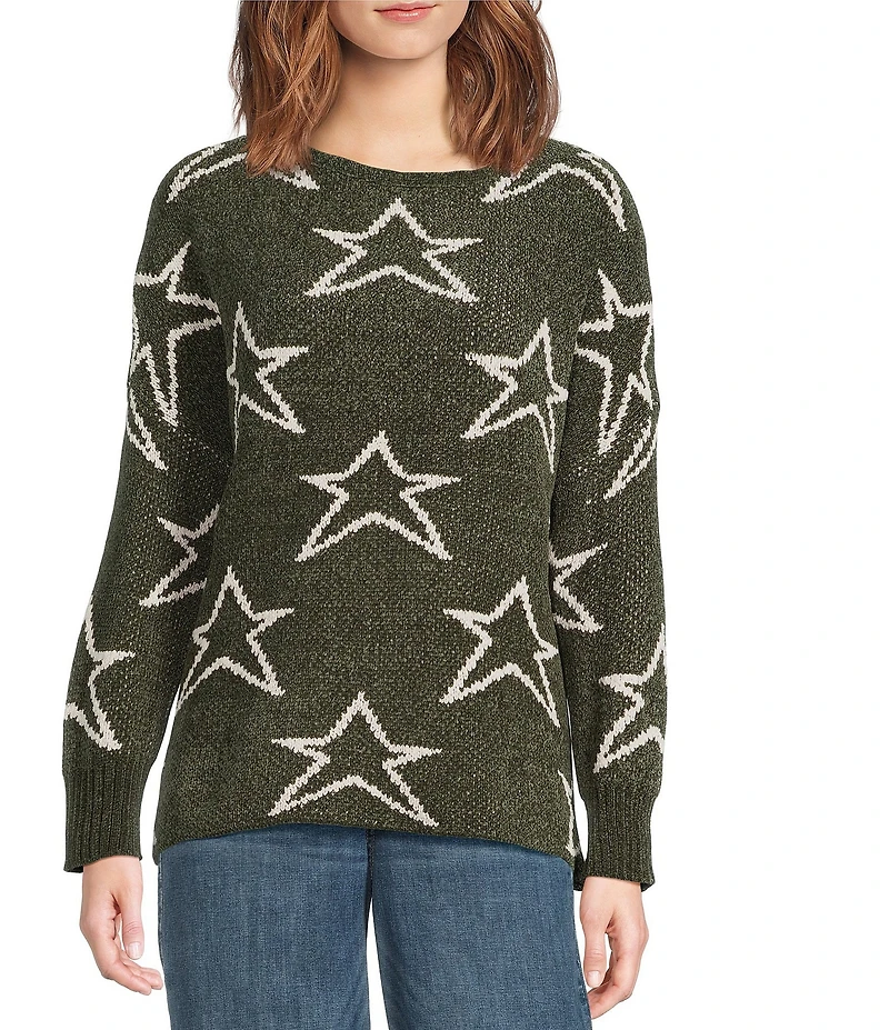 Ali Miles Star Chenille Crew Neck Long Sleeve Top
