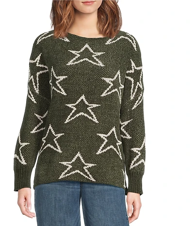 Ali Miles Star Chenille Crew Neck Long Sleeve Top