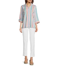 Ali Miles Stripe 3/4 Cuff Sleeve Popover Tunic