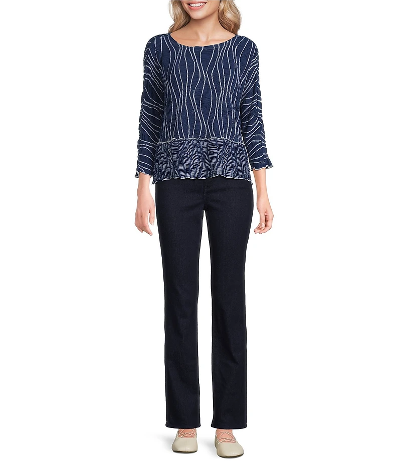 Ali Miles Texture Jacquard Blue Mist Print Round Neck 3/4 Sleeve Pullover Top