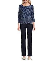Ali Miles Texture Jacquard Blue Mist Print Round Neck 3/4 Sleeve Pullover Top