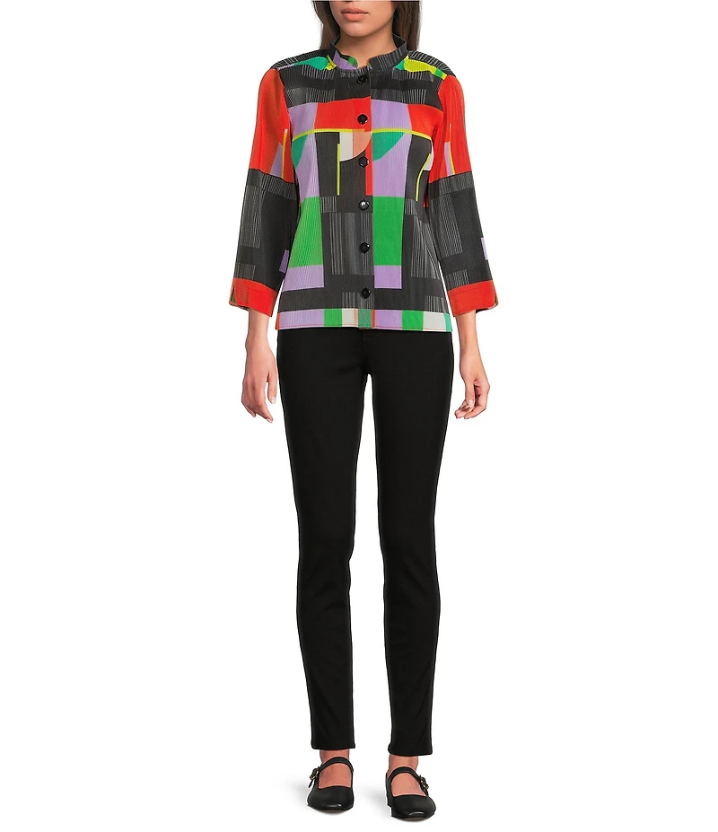 Ali Miles Textured Crinkle Pleated Geo Multi Print Wire Collar 3/4 Sleeve Button Front Shirt