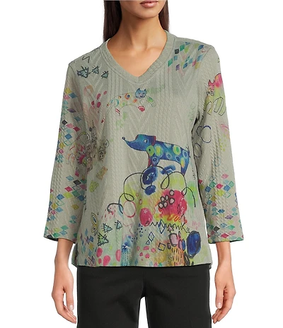Ali Miles Textured Jacquard Knit Doodle Print V-Neck 3/4 Sleeve Tunic