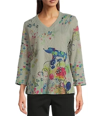 Ali Miles Textured Jacquard Knit Doodle Print V-Neck 3/4 Sleeve Tunic