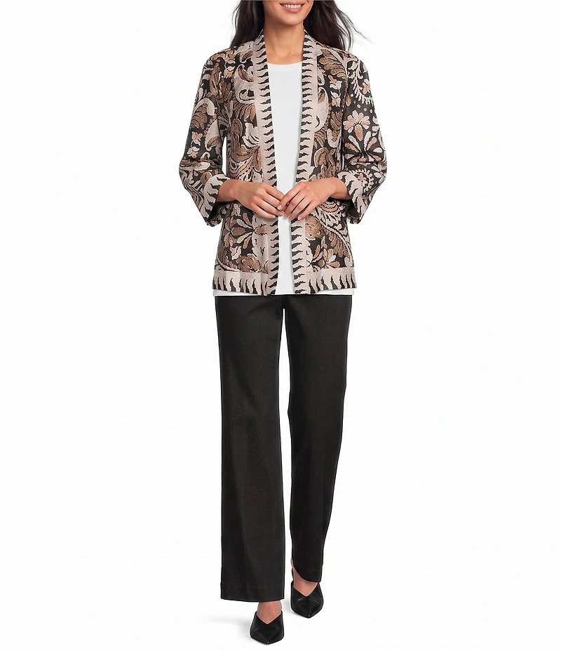 Ali Miles Textured Knit Abstract Floral Multi Print 3/4 Sleeve Reversible Open-Front Kimono Jacket
