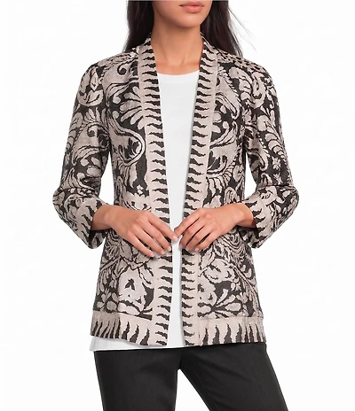 Ali Miles Textured Knit Abstract Floral Multi Print 3/4 Sleeve Reversible Open-Front Kimono Jacket