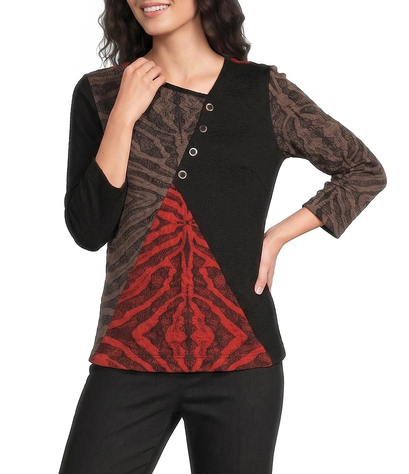 Ali Miles Textured Knit Asymmetrical Neck 3/4 Sleeve Top
