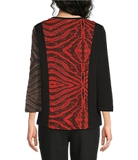 Ali Miles Textured Knit Asymmetrical Neck 3/4 Sleeve Top