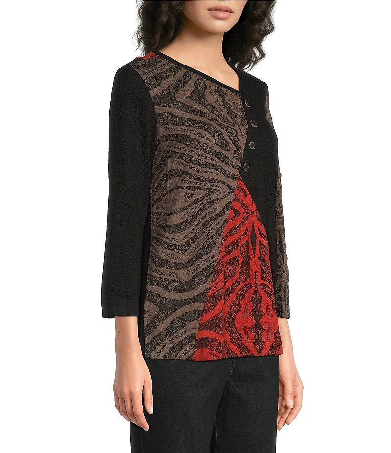 Ali Miles Textured Knit Asymmetrical Neck 3/4 Sleeve Top