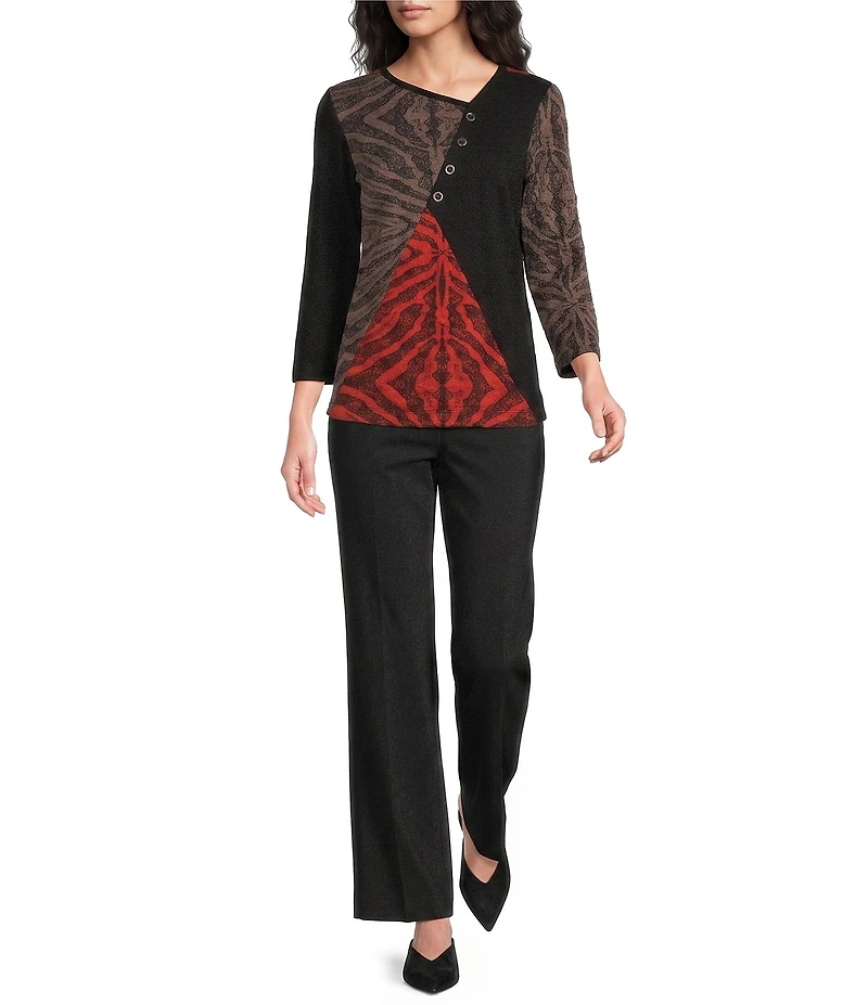 Ali Miles Textured Knit Asymmetrical Neck 3/4 Sleeve Top