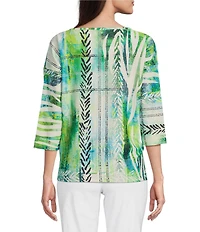 Ali Miles Textured Knit Eyelet Abstract Print Scoop Neck 3/4 Dolman Sleeve Top