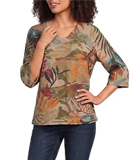 Ali Miles Textured Knit Floral Multi Print V-Neck 3/4 Sleeve Pullover Top