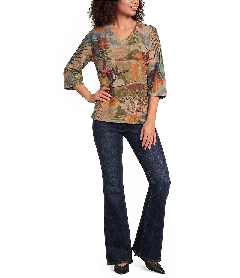 Ali Miles Textured Knit Floral Multi Print V-Neck 3/4 Sleeve Pullover Top