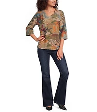 Ali Miles Textured Knit Floral Multi Print V-Neck 3/4 Sleeve Pullover Top