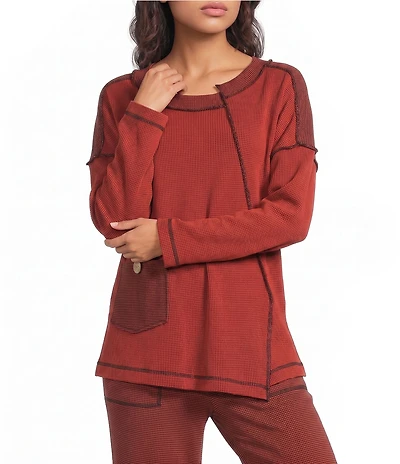 Ali Miles Textured Knit Round Neck Long Sleeve Button Detail Pullover Top