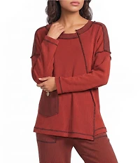 Ali Miles Textured Knit Round Neck Long Sleeve Button Detail Pullover Top