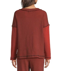 Ali Miles Textured Knit Round Neck Long Sleeve Button Detail Pullover Top