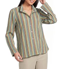 Ali Miles Textured Knit Stripe Point Collar 3/4 Sleeve Top