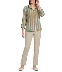 Ali Miles Textured Knit Stripe Point Collar 3/4 Sleeve Top