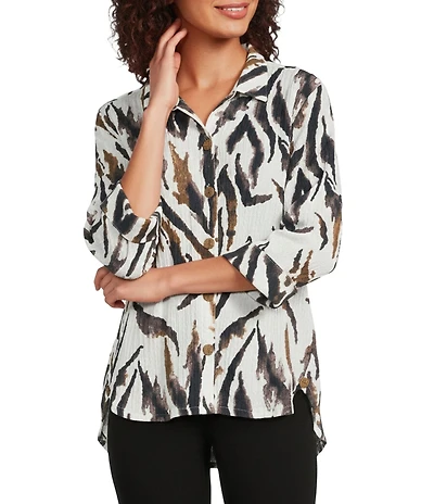 Ali Miles Textured Knit Zebra Print Point Collar 3/4 Sleeve Hi-Low Hem Button-Front Tunic