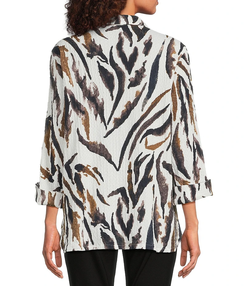 Ali Miles Textured Knit Zebra Print Point Collar 3/4 Sleeve Hi-Low Hem Button-Front Tunic