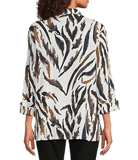 Ali Miles Textured Knit Zebra Print Point Collar 3/4 Sleeve Hi-Low Hem Button-Front Tunic