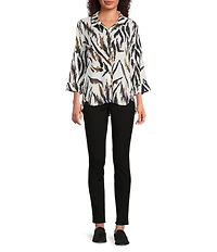 Ali Miles Textured Knit Zebra Print Point Collar 3/4 Sleeve Hi-Low Hem Button-Front Tunic