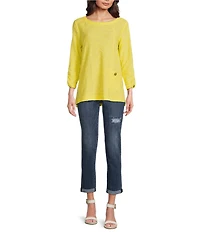 Ali Miles Textured Round Neck 3/4 Sleeve Hi-Low Hem Top