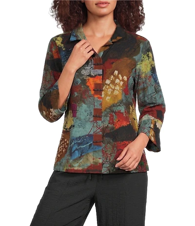 Ali Miles Textured Woven Abstract Multi Print Wire Collar 3/4 Sleeve Button Front Top